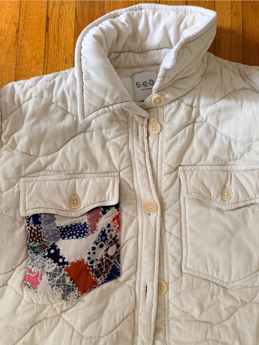 Sea New York cream quilted button down coat patchwork print pocket